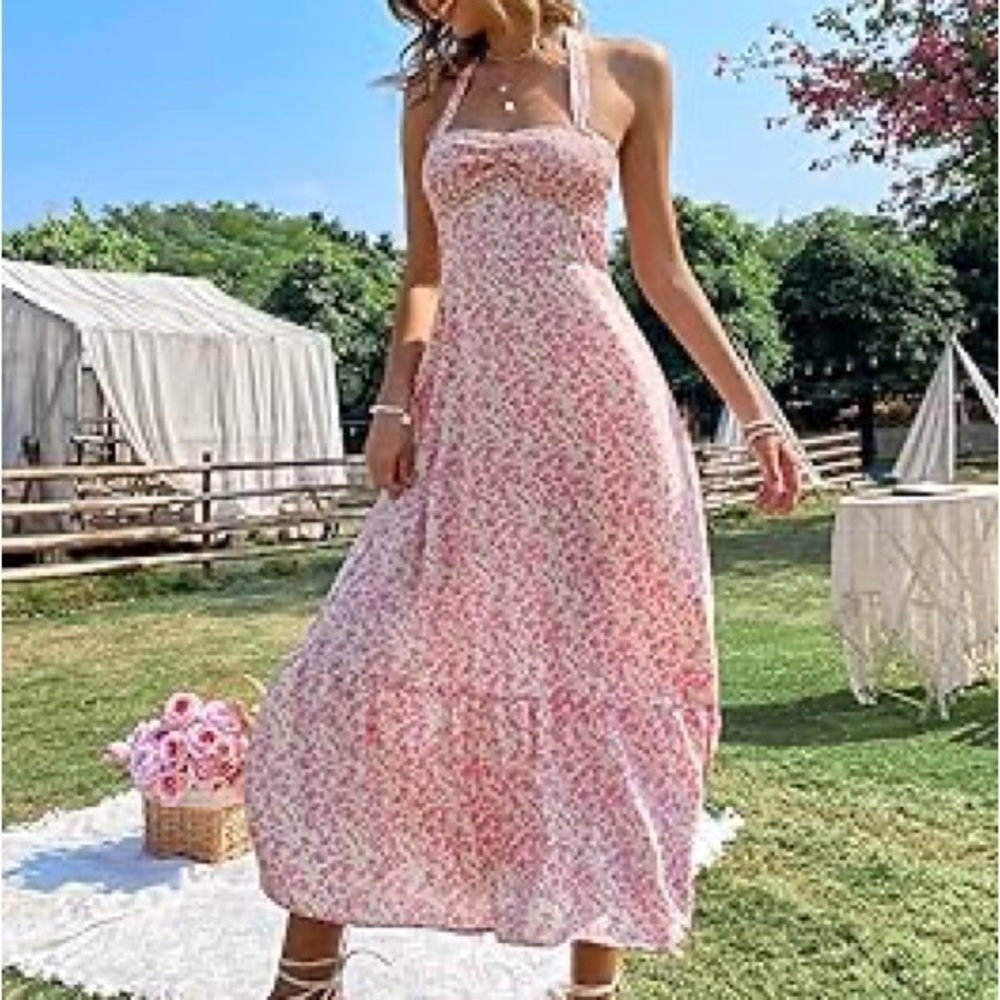 Women's Floral Print Ruched Bust Sleeveless Halter Neck A Line Dress
